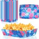 Geefuun 50pcs Hawaiian Luau Party Decorations - Blue Cartoon Hibiscus Flower Paper Food Trays for Summer Birthday, Aloha Themed Disposable Serving Supplies