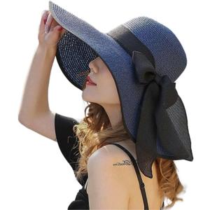 YQHMT Women Beach Sun Hats, Big Wide Brim Straw Hat for Women UPF 80+ UV Protection, Summer Hats Packable Foldable (Dark Blue)