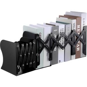 2PCS Heavy Duty Metal Bookends, Adjustable Book Organizer for Shelves & Desk with Non-Slip Pads, 3 Compartments, Extends up to 19 inches, Office & Home Use (Black)