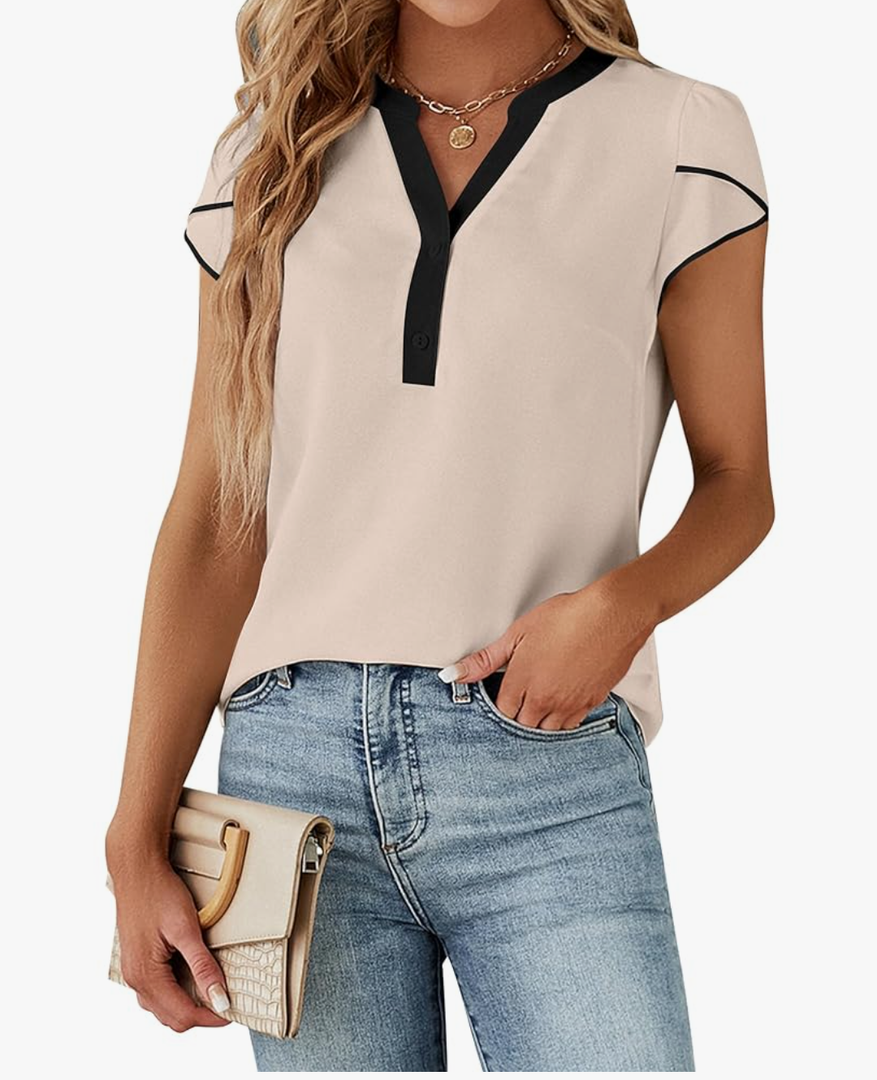 Blooming Jelly Women's Dressy Casual Tops Business Work Blouses White Button Down Shirts Cap Sleeve V Neck Tshirt, Size Large
