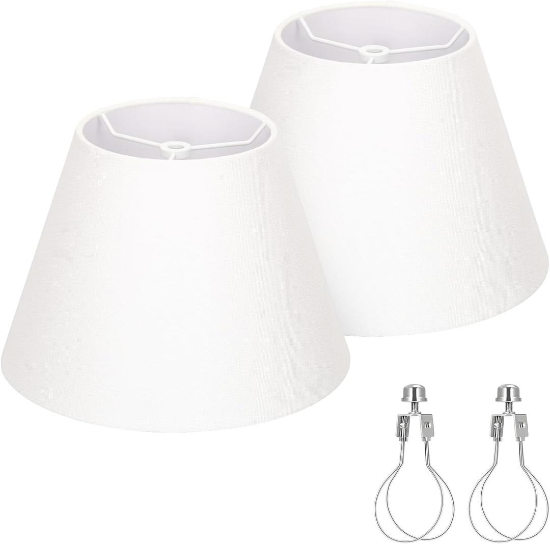 Small Lamp Shades Set of 2, 5.5" Top x 10" Bottom x 6.6" High, Small White Lamp Shades for Table Lamps, Fabric Lampshade Replacement for Bedside Lamp, Wall Sconces, Spider, Clip on Adapters Included