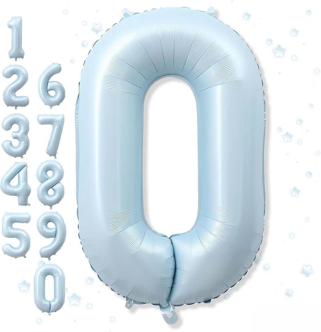 Light Sky Blue Number 0 Balloon, 40'' Pastel Matte Powder Blue Foil Balloons, Globos De Numeros Grandes, Large Mylar Helium Number 0 Balloon for Birthday Party Decor Baby Shower Anniversary Decoration