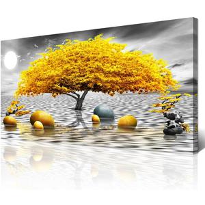 Wapluam Large Canvas Wall Art for Living Room Office Bedroom Decor - Black and White Framed Painting With Yellow Tree View - Home Decoration Artwork Prints 24"X48"