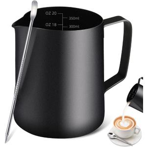 Milk Frothing Pitcher, 12OZ/350ML Stainless Steel Espresso Steaming Pitcher Coffee Milk Frother Cup with Decorating Art Pen for Espresso Machine, Milk Frother, Latte Art Black