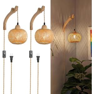 Frideko Bamboo Wall Sconces Set of Two Plug in, Boho Wall Lamp with Plug in Cord, Farmhouse Wall Light Fixtures with 9.84FT On/Off Switch Cord, Rattan Sconces Wall Lighting for Bedroom Living Room (Orange(2PC))