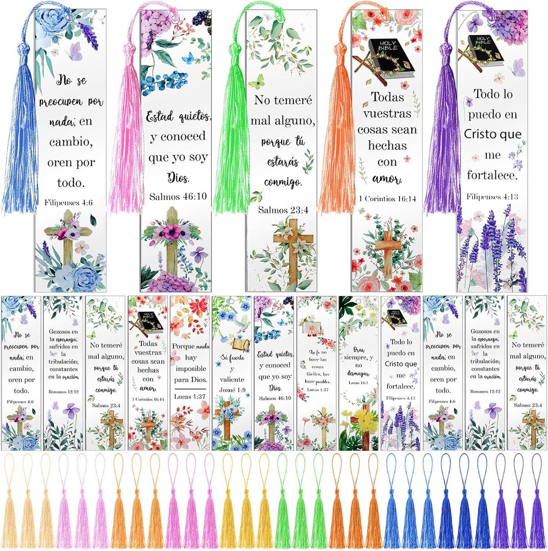 30 Pcs Easter Christian Gifts Bulk Spanish Bible Verse Acrylic Bookmarks with Tassel Religious Bookmarks for Women Students Teachers Inspirational Classroom School Office Study Supplies