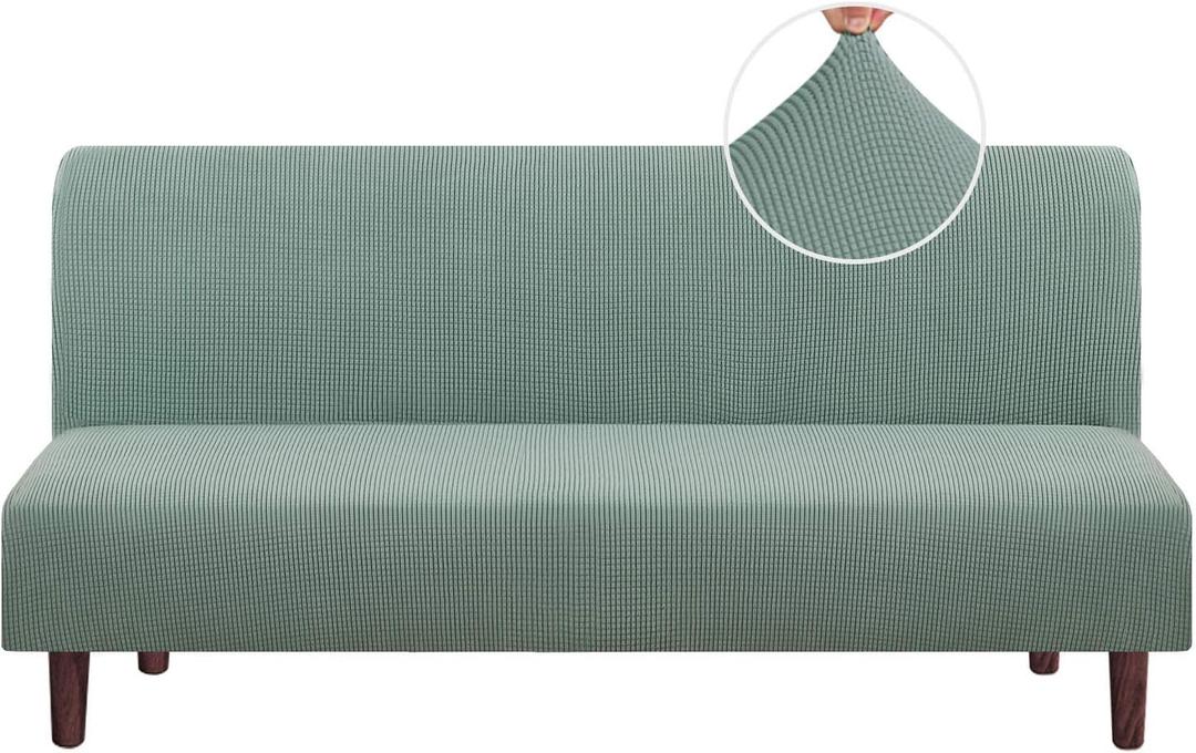 PrinceDeco Armless Futon Cover Stretch Sofa Bed Slipcover Protector Elastic Feature Rich Textured High Spandex Small Checks Jacquard Fabric Futon Cover, Machine Washable, Sage
