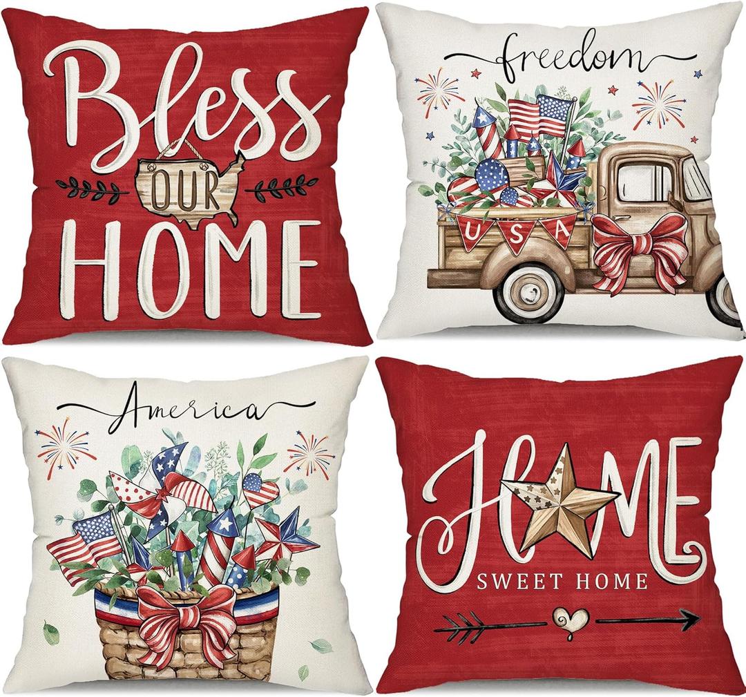 DFXSZ 4th of July Pillow Covers 18x18 Set of 4 American Flag Fireworks Star Decor Truck Flower Basket Independence Day Outdoor Pillow Covers, Polyester Cushion Case Gifts for Home Decor 175H (18" x 18" (Pack of 4), Red)