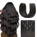 Sunya Real Human Hair Clip-in Extensions - Natural Black, Double Weft, Straight, 20 Inch #1B, 8pcs/120g
