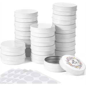 Patelai 2 oz 120 Pcs Metal Round Tins Aluminum Tin Cans Salve Tins Containers with Screw Lid 20 Sheets Stickers for Christmas Salve Spice Candies Balms Candles(White)