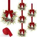 6 Pcs Christmas Kitchen Cabinet Wreaths with Red Velvet Ribbon Small Christmas Wreath Mini Cabinet Wreaths Farmhouse Wreath for Front Door Hanging Porch Wall Window Decor