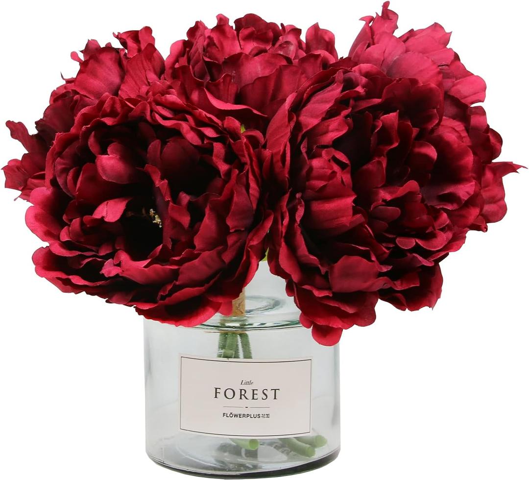 Tinsow Burgundy Artificial Peony Flowers for Halloween Home Decoration, 5 Pcs Red Faux Peonies for Fall Decoration, Silk Flowers Bouquet (5, Maroon)