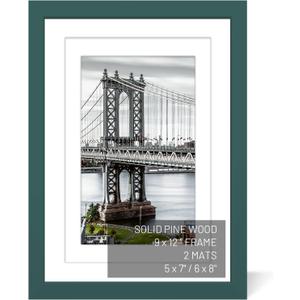 9x12 Picture Frames Solid Wood Display Pictures 6x8 or 5x7 with Mat or 9x12 Frame without Mat Poster Photo Frame Art with 2 Mats for Wall Mounting or Table Top (Dark Green)