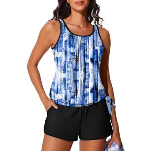 Summer Mae Blouson Womens Tankini Swimsuits with Shorts Tummy Control Bathing Suits Side Pockets 2026 (Black, XL)