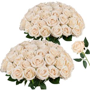 AmyHomie 48 PCS Champagne Roses Velvet Realistic Artificial Flowers with Bendable Stems for Wedding Bouquets Baby Shower Party Home Decor Fake Flowers Gifts for Valentines, Mothers Day, Womens Day