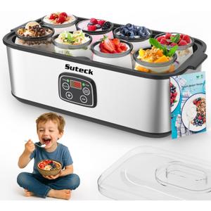 Suteck Yogurt Maker - Stainless Steel Yogurt Makers with Adjustable Time & Temp ControlAutomatic Shut-Off & Constant Temper for Homemade Greek, Probiotic Yogurt, BPA-Free 8 Glass Jars (48 oz), Black