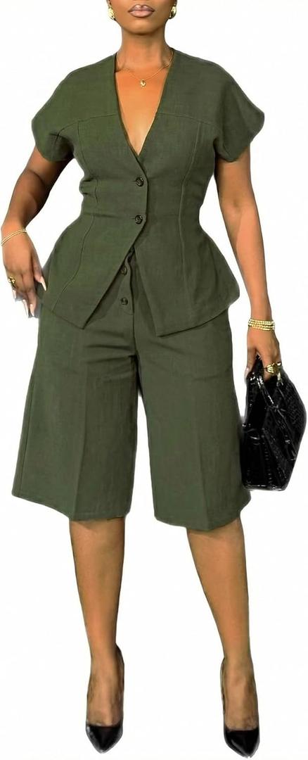 Tbahhir Women 2 Piece Pants Suit Dressy Button Down Short Sleeve Blazer Wide Leg Capri Shorts Sets Business Casual 2026, Large 