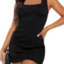 WIHOLL Fall Black Dresses for Women Old Money Clothes Bodycon Mini Little Short Graduation Dress Square Neck Summer Spring Dresses 2025 Casual Sexy Club Party Date Night Outfits Formal Cocktail S