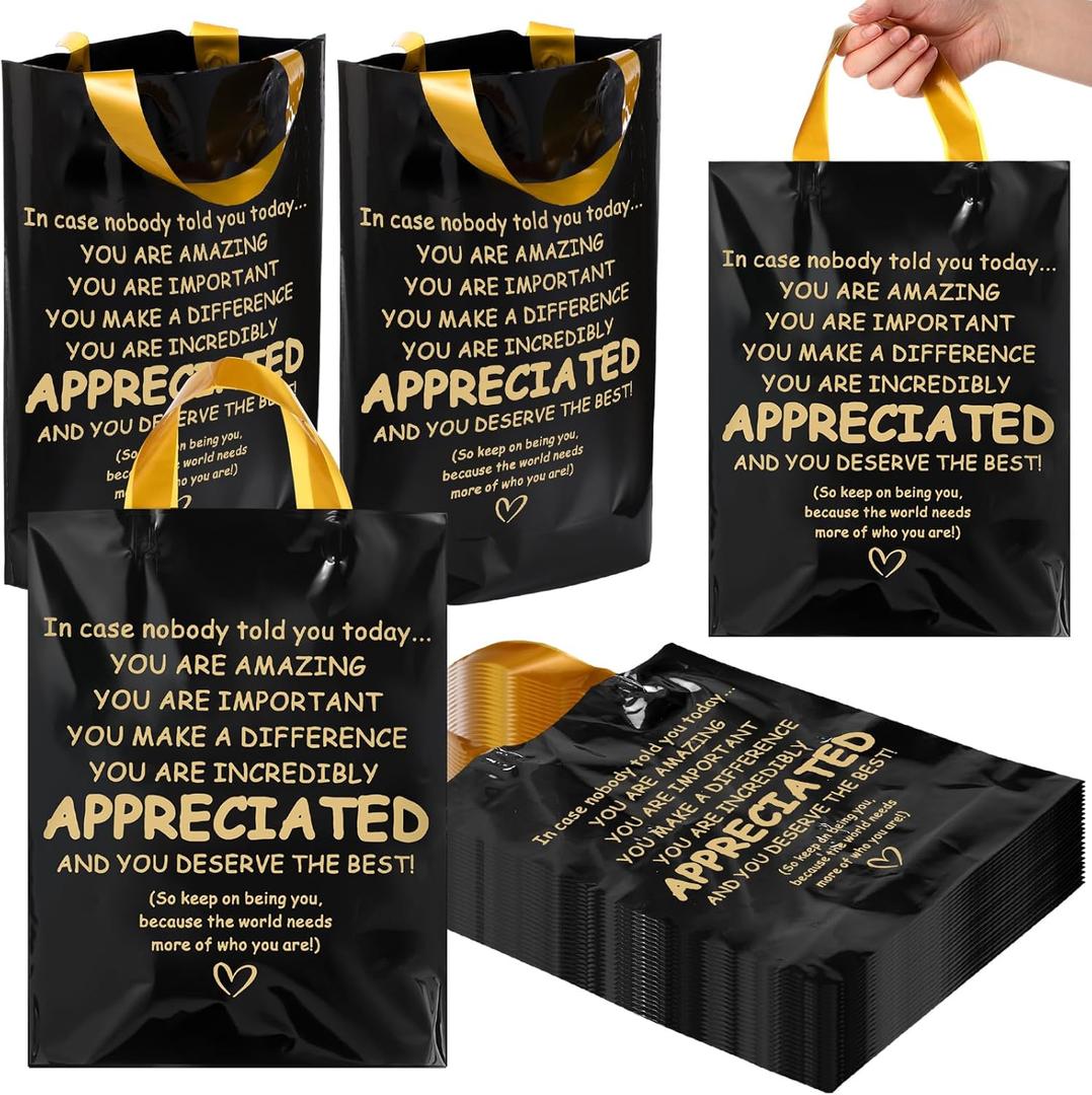 Kolldenn 50 Pcs Graduation/thank You Gifts Bags Employee Appreciation Goodie Bags with Handles Congrats Grad Reusable Plastic Party Favors for Gift Wrapping(Black Gold,Appreciated)