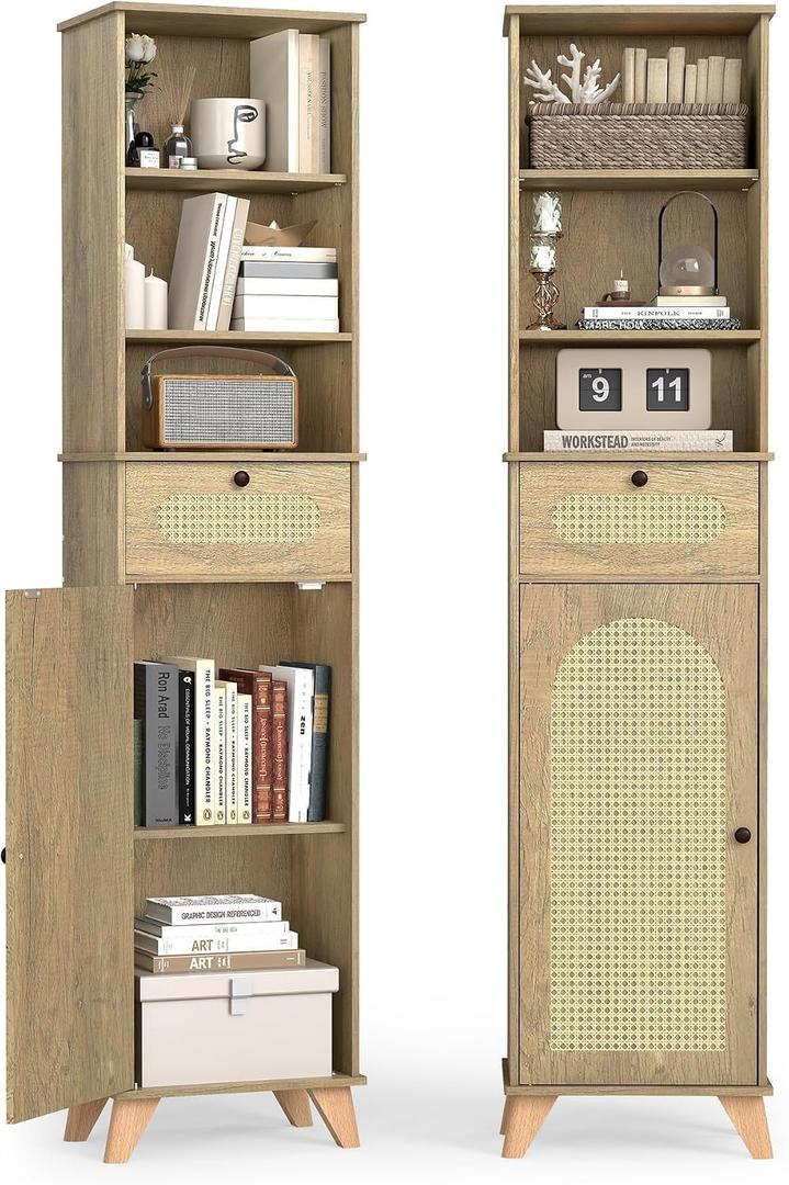 Quikraen Tall Bathroom Storage Cabinet with Rattan 67in Extra Tall Narrow Cabinet with Adjustable Shelves Bathroom Cabinet Storage for Living Room Dining Room Laundry, 40.5 cm x 29.5 cm x 173 cm