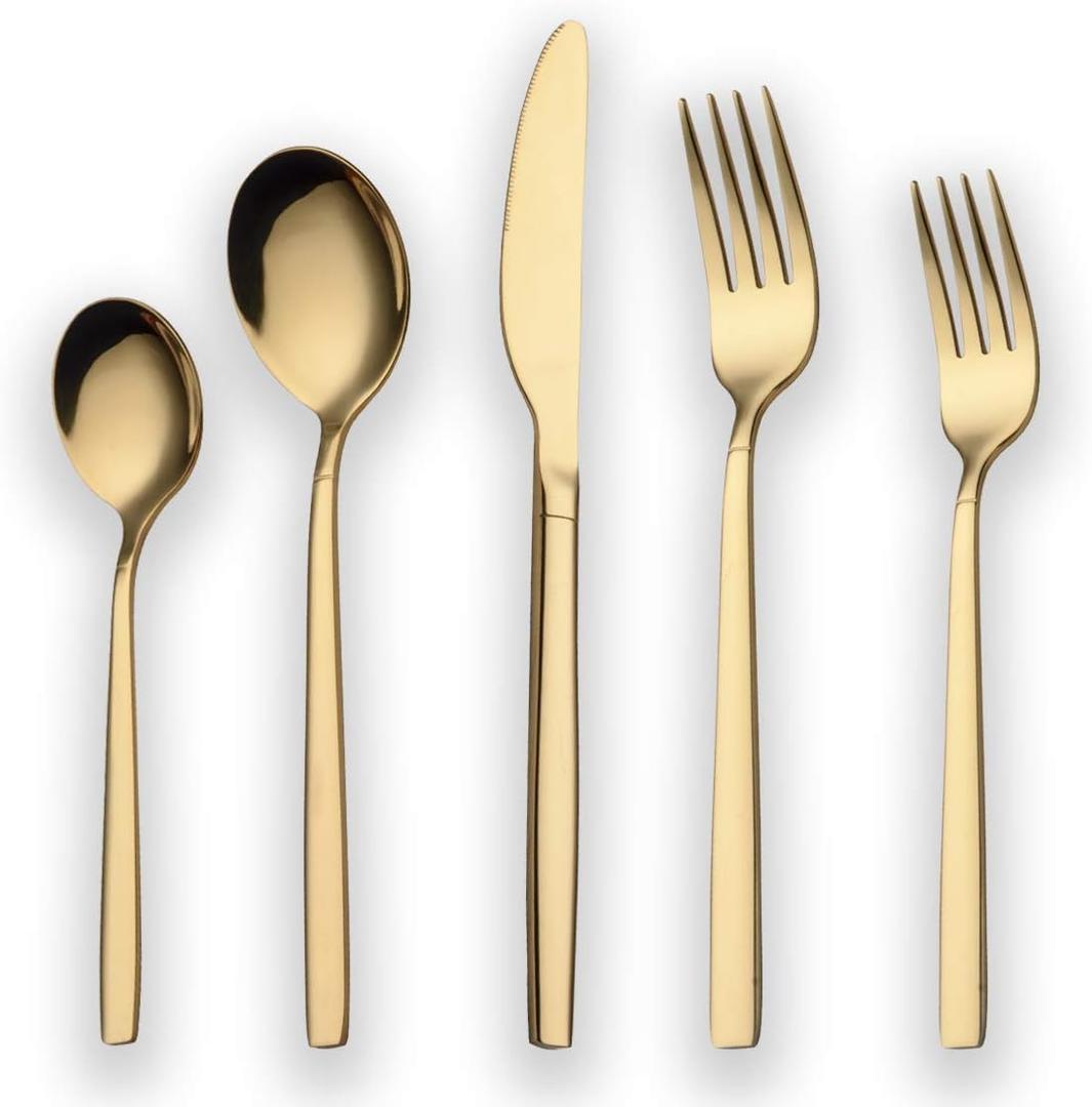 Berglander 20 Piece Titanium Gold Plated Stainless Steel Flatware Set, 20 Pieces Golden Silverware Set, Golden Cutlery Set, Service for 4 (shiny Gold)
