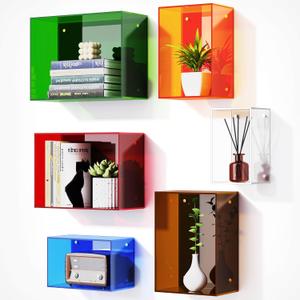 Acrylic Floating Shelves for Wall, Wall Mounted Square Cube Shelf for Bedroom Living Room Bathroom Kitchen, Storage Shelf Display Decor (Colored, Set of 6)