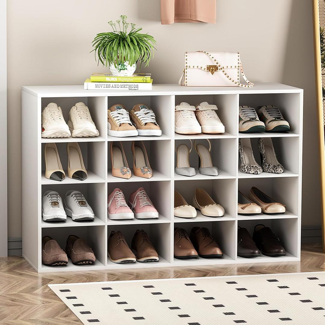 Garden 4 you Shoe Storage Bench, Cubby Shoe Rack with 16 Cubbies, 4-Tier Wood Shoe Rack Organizer, Shoe Organizer Cabinet for Entryway, Hallway, Closet and Garage, White, 16-cube 4-tier