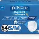 FitRight Overnight Unisex Underwear, Small/Medium (28-40 in Waist), 64 Count (4 Bags of 16), Maximum All Night Disposable Incontinence Protection, Pull-On Absorbent Underwear for Men & Women