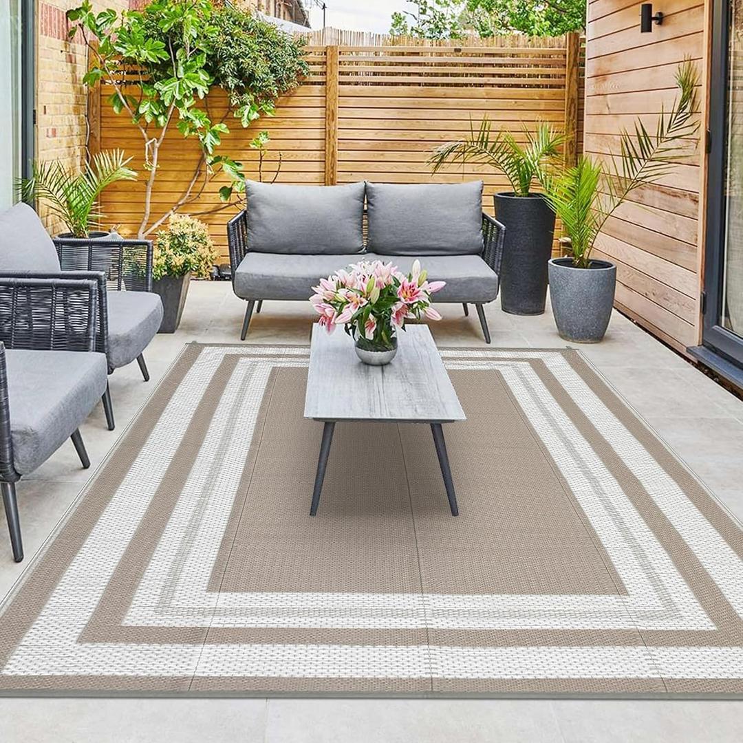 Outdoor Rug 9x12 Reversible Patio Rug Outdoor Plastic Straw Rug Modern Bordered Area Rug Waterproof for Deck RV Outside Rug for Patio Backyard Picnic Camping Beach Balcony Grey Beige