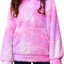 Arshiner Girls Fuzzy Hoodies Half Zip Sherpa Pullover Sweatshirt Fleece Cozy Outwear Coat with Pockets (11-12 Years, Pink Purple)