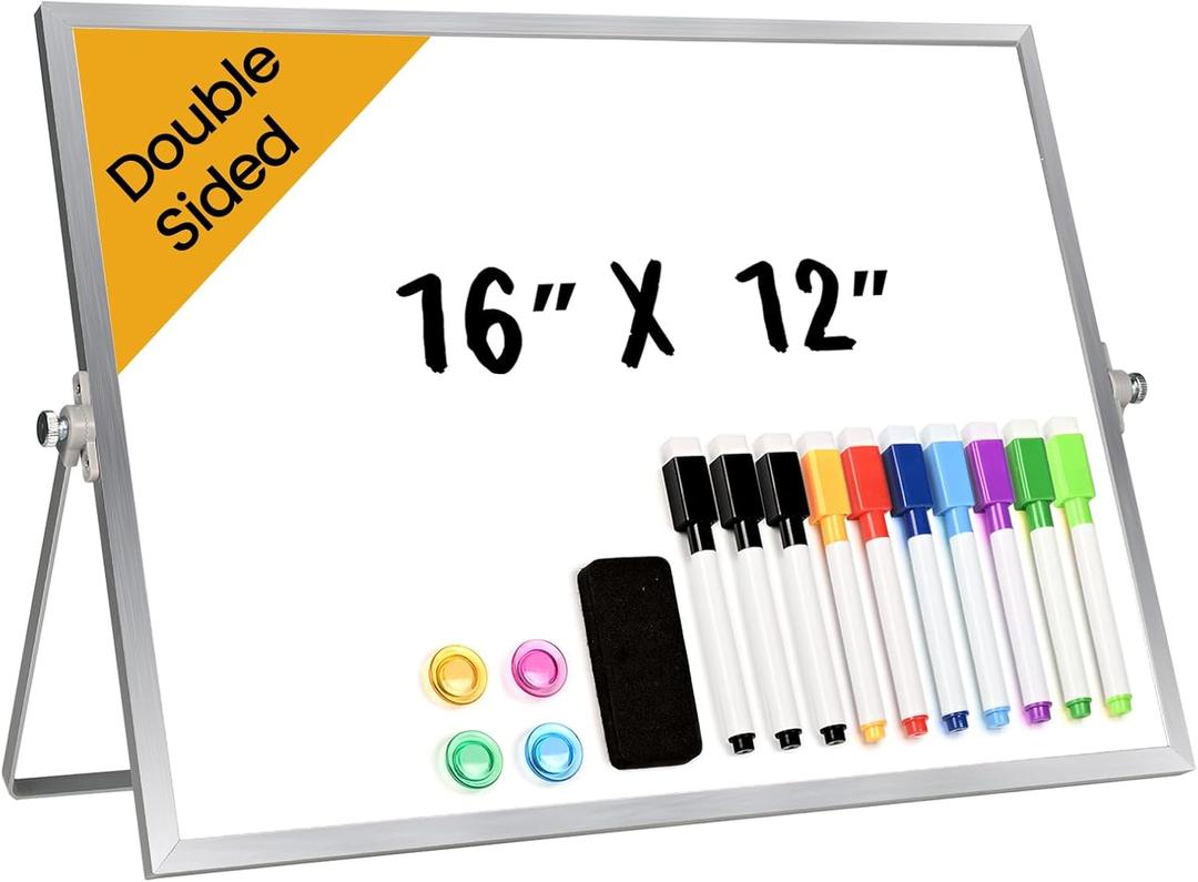 Desktop Whiteboard with Stand, 16" x 12" Double-Sided Dry Erase Board with Stand, Portable Stand White Board for Office, Home, School
