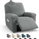 MAXIJIN Recliner Cover Slipcovers for Living Room 4 Pieces Stretch Jacquard Recliner Chair Cover Soft Fitted Recliner Protector with Elastic Bottom for Kids, Pets (Recliner, Light Gray)
