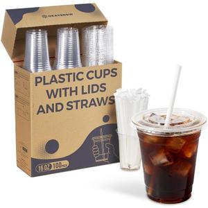 100 Pack 16 oz Clear Plastic Cups with Lids and Straws, Organized Dispenser Box, Heavy Duty Disposable Iced Coffee Cups, Crystal Clear Smoothie To Go Cups, PET, BPA Free