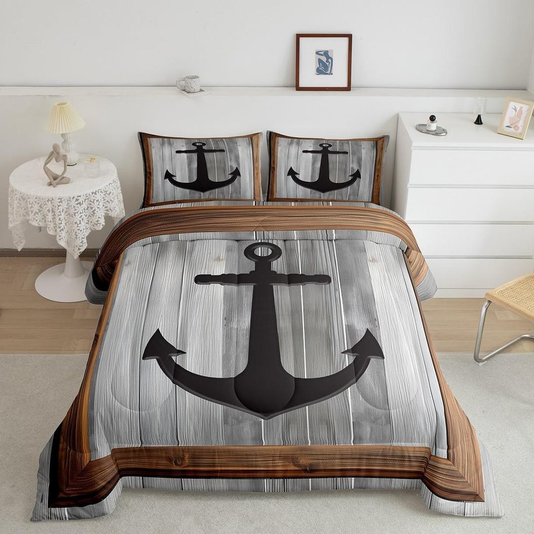 Feelyou Anchor Decor Comforter Set Twin Size Nautical Themed Bedding Set for Boys Girls Teens Ocean Comforter Sea Adventure Duvet Set Gray Quilt Set