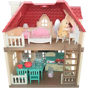 Family Cottage Doll House  2-Story Country Cottage with Dining Set & Bunny Figure, Complete Dollhouse Playset for Creative Pretend Play, Gift for Kids Ages 3+