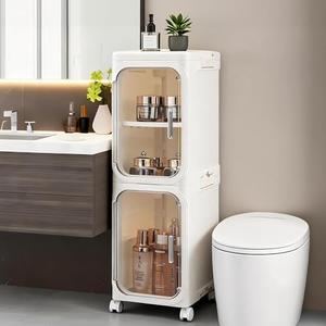 Lifelongpal 2-Tier Narrow Bathroom Storage Cabinet with Wheels, Plastic Slim Organizer with Adjustable Shelves for Small Spaces,Bathroom, Kitchen, Laundry,Milky White