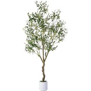 Artificial Olive Tree 6FT, Indoor Fake Silk Plant with Realistic Trunk, Leaves, Fruits and White Planter, Faux Potted Tree for Home Decor and Housewarming Gift, 1 Pack (Green)