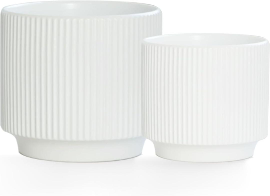 Ceramic 4.9+6.3 inch Planters, Modern Home and Office Flowerpot, Indoor and Outdoor Flowerpot with Drainage Hole (White)