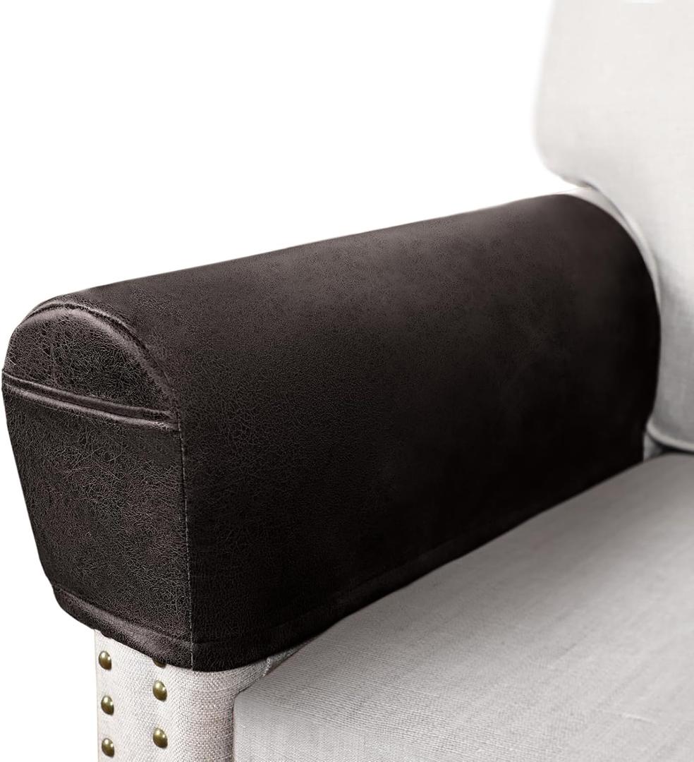 Leather Look Couch Arm Covers Set of 2 Armrest Covers for Sofa Chair Arm Protectors Stretch Armchair Slipcovers with Pockets Washable Spandex Fabric (Large, Chocolate)