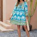 Qearal Women's Casual V Neck 3/4 Sleeve Boho Floral Printed Loose Short Flowy Summer Beach Vacation Dress (Blue, S)