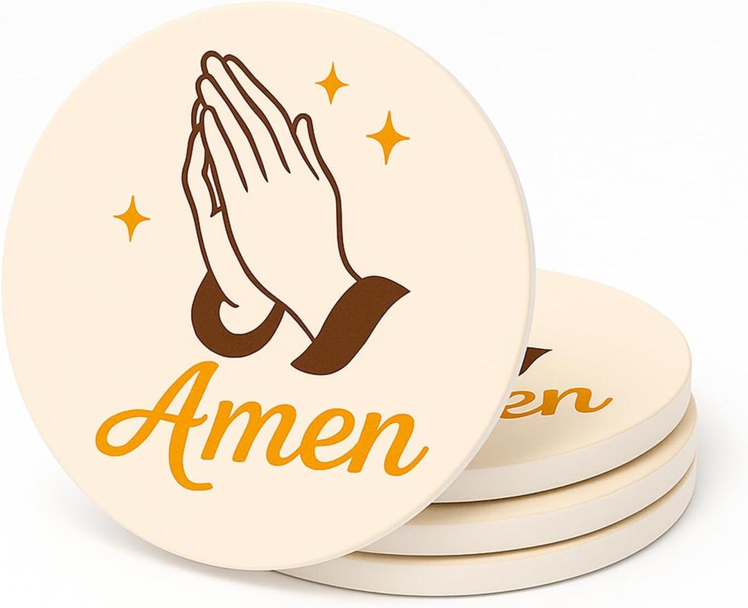 Amen Christian Religious Coasters Set of 4 Absorbent Ceramic Drink Coasters with Non-Slip Cork Base Prayer Hands Faith Blessing Bible Verse Decor for Coffee Table Church Gift