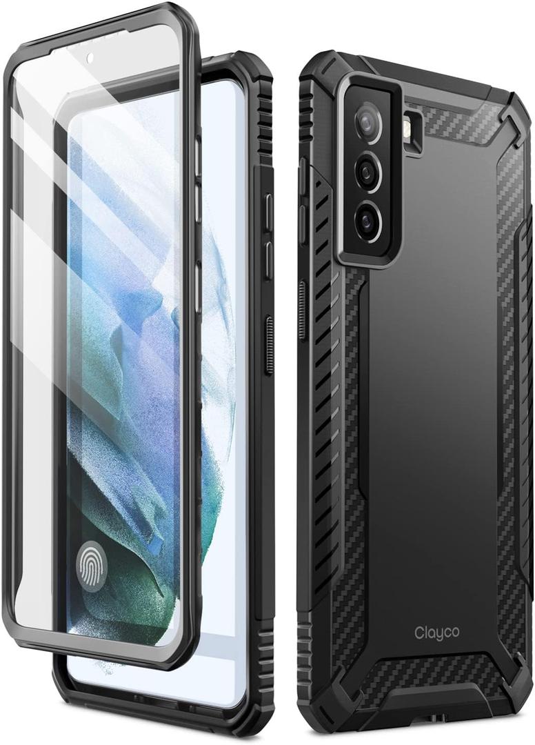 Clayco Xenon Case for Samsung Galaxy S21 FE 5G, [Built-in Screen Protector] Full-Body Rugged Cover Compatible with Fingerprint Reader, 6.4 inch 2022 Release (Black)