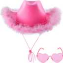 ZEBSF Feathers Cowboy Cowgirl Hat with Heart Sunglasses - Cowboy Hats for Women Bachelorette Birthday Disco Party (Pink)