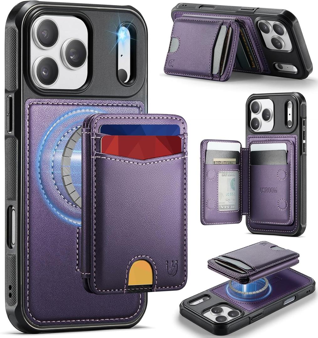 for iPhone 17 Pro Max Wallet Case Compatible with Magsafe, Magnetic RFID Blocking Card Holder Kickstand 2 in 1 Detachable Case for iPhone 17 Pro Max 6.9", Purple
