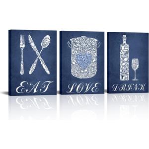 sechars Navy Blue Kitchen Decor Kitchen Accessories Eat Sign Wall Art Modern Blue Dining Room Decorations Pictures Ready to Hang