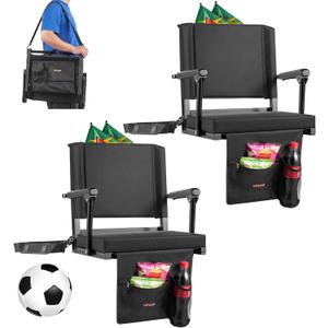 VEVOR Stadium Seat, Portable Bleacher Seat with Armrest, Back Support and Thick Cushion, Bench Chair for Bleacher Includes Shoulder Strap, Hooks, Cup Holder, Black Football Bleachers Seats, 2PCS (Black)