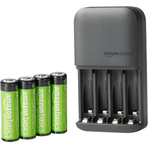 Amazon Basics 4-Bay Battery Charger for AA & AAA Rechargeable Batteries with Pre-Charged AA NiMh Batteries, LED Operation, Type A (American) Plug, 4 Count, Black