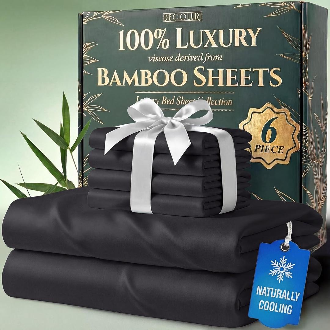DECOLURE 100% Viscose Derived from Bamboo Sheets King Size - Luxury 6 Pc Naturally Cooling Sheets, Ultra Soft Bed Set - Deep 17" Pockets, Durable Double Stitching, Oeko Tex Standard (Charcoal)