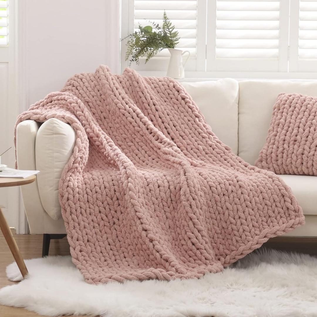 WESHIONGOO Chunky Knit Blanket Throw 51"63" Knitted Throw Blankets for Couch Bed Fluffy Soft Blanket with Jumbo Chenille Yarn Thick 100% Handmade (Pink)