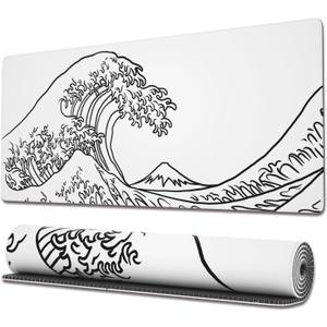 Ovenbird Gaming Mouse Pad with Stitched Edges, Japanese Wave White Extended XL Mousepad with Anti-Slip Base, Cool Large Mouse Pad for Desk, 31.5 x 11.8 in, White